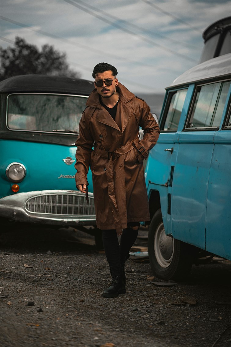 Deri Görünümlü Oversize Trenckot