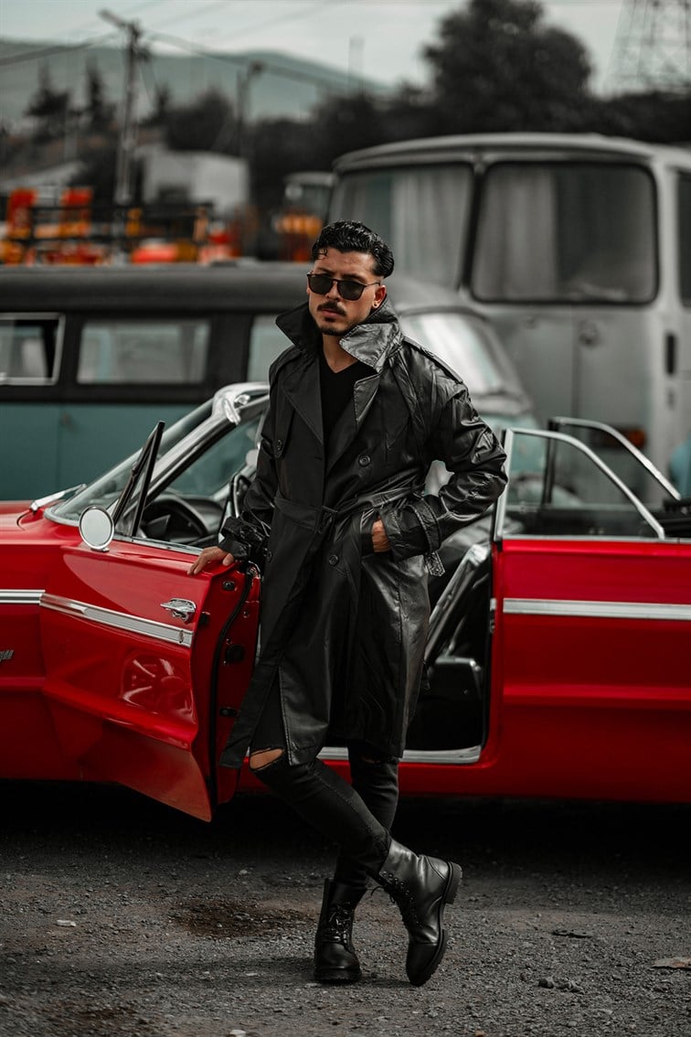 Deri Görünümlü Oversize Trenckot