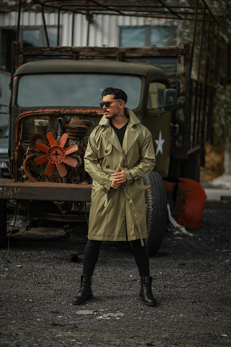 Deri Görünümlü Oversize Trenckot