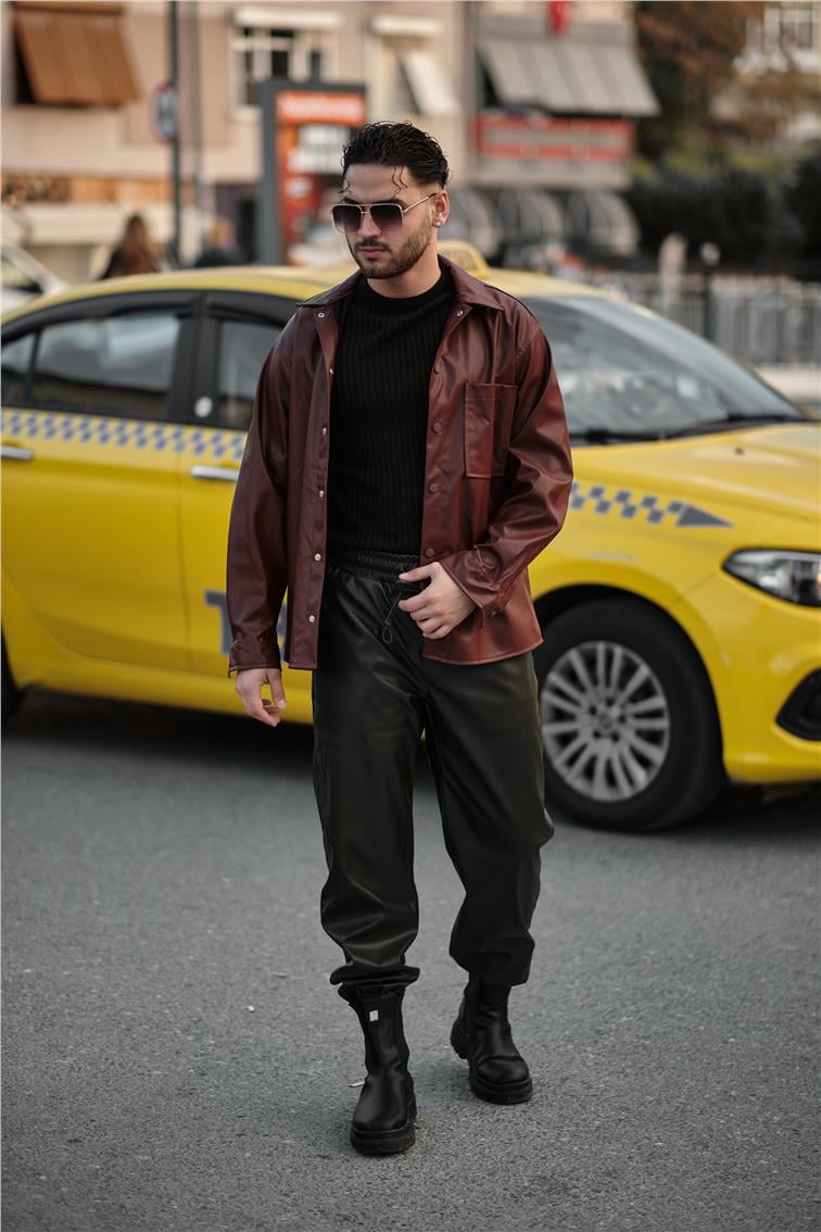 Deri Oversize Gömlek Bordo