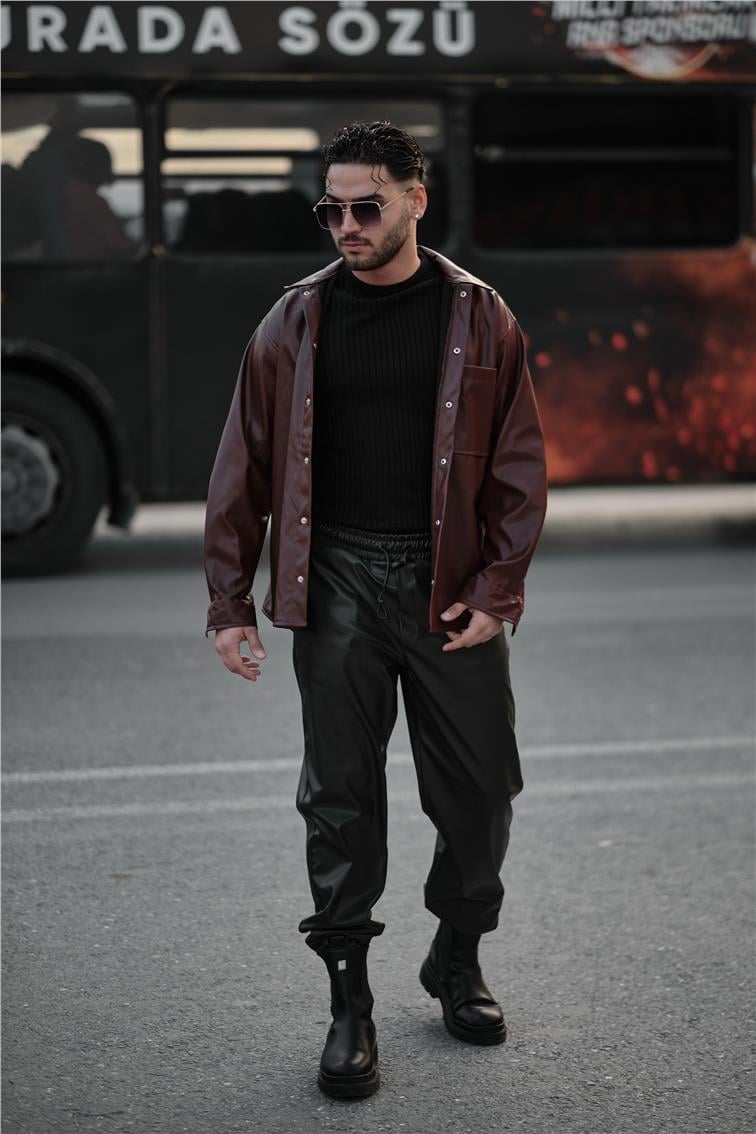 Deri Oversize Gömlek Bordo