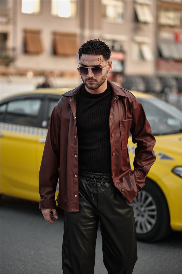 Deri Oversize Gömlek Bordo