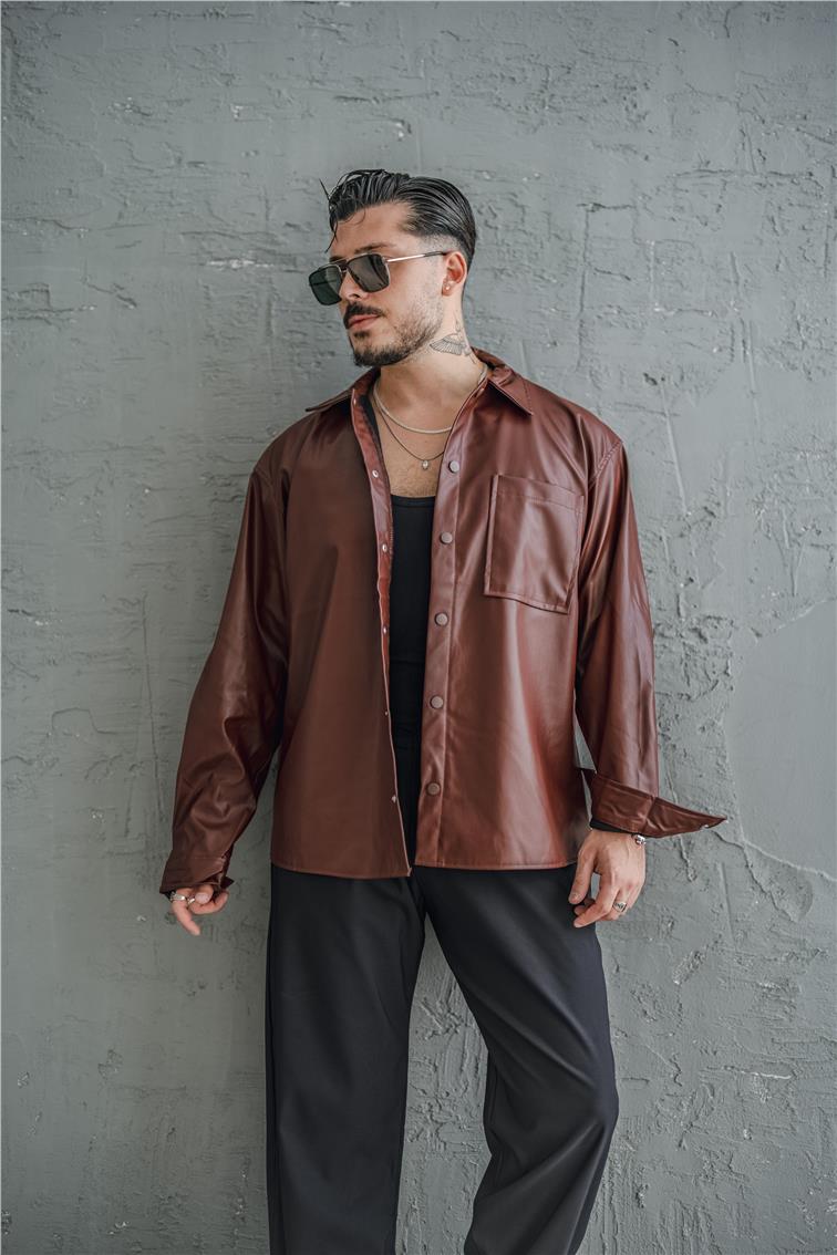 Deri Oversize Gömlek Bordo