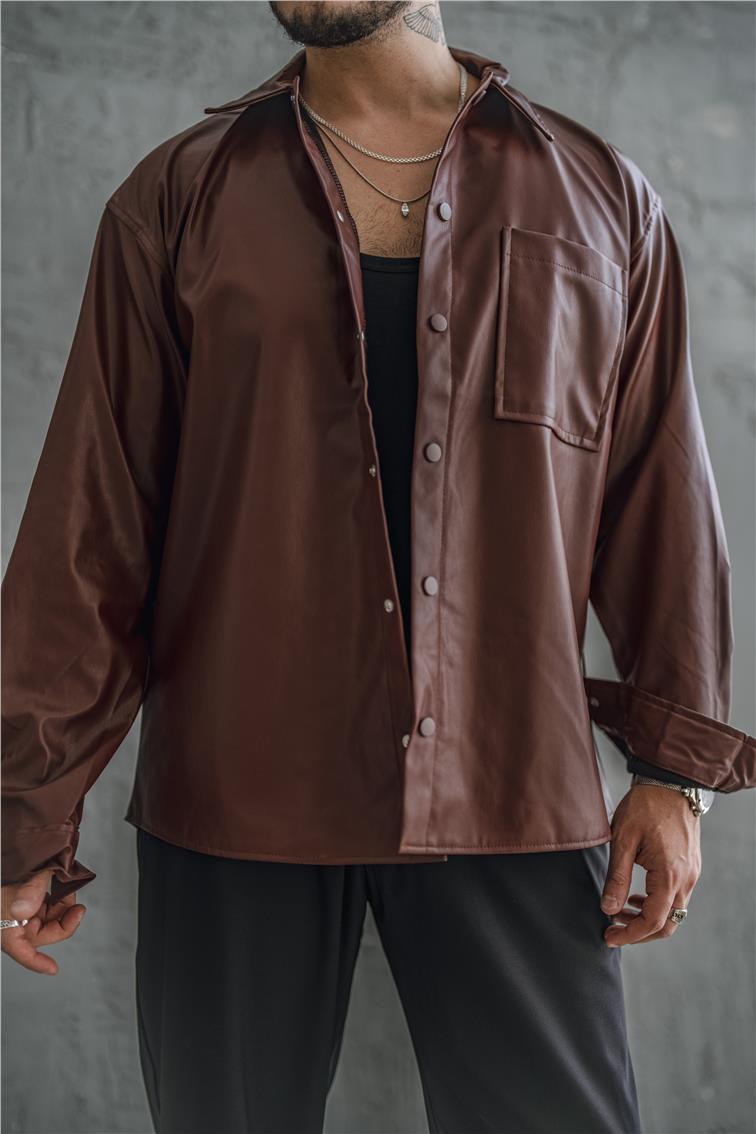 Deri Oversize Gömlek Bordo