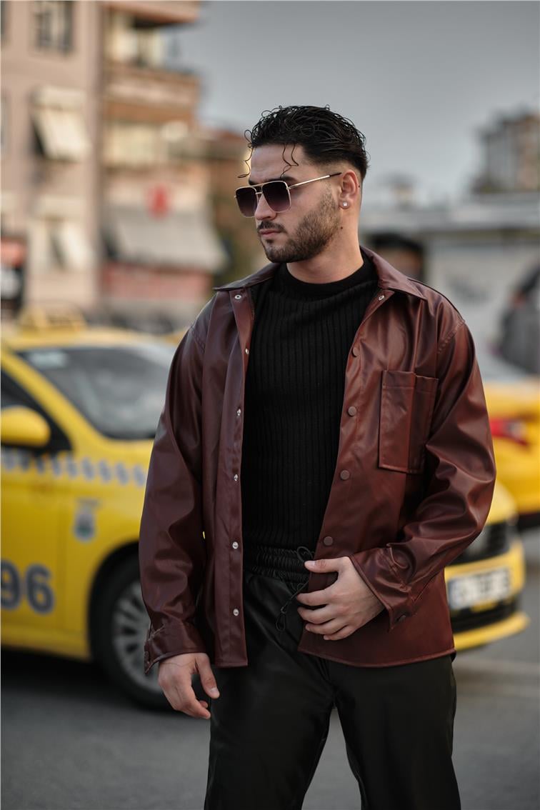 Deri Oversize Gömlek Bordo