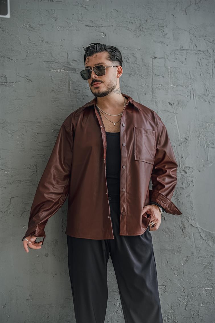 Deri Oversize Gömlek Bordo