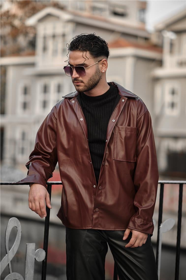 Deri Oversize Gömlek Bordo