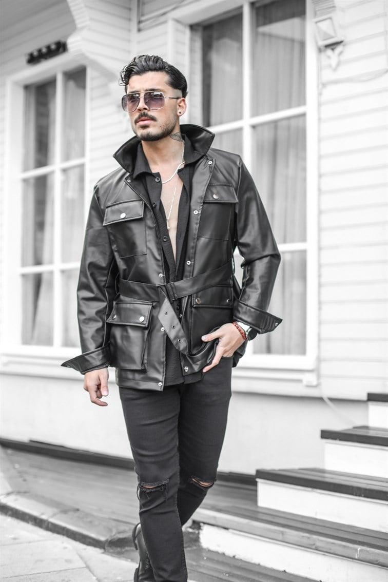 Deri Oversize Kemerli Ceket