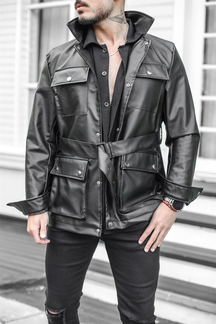 Deri Oversize Kemerli Ceket