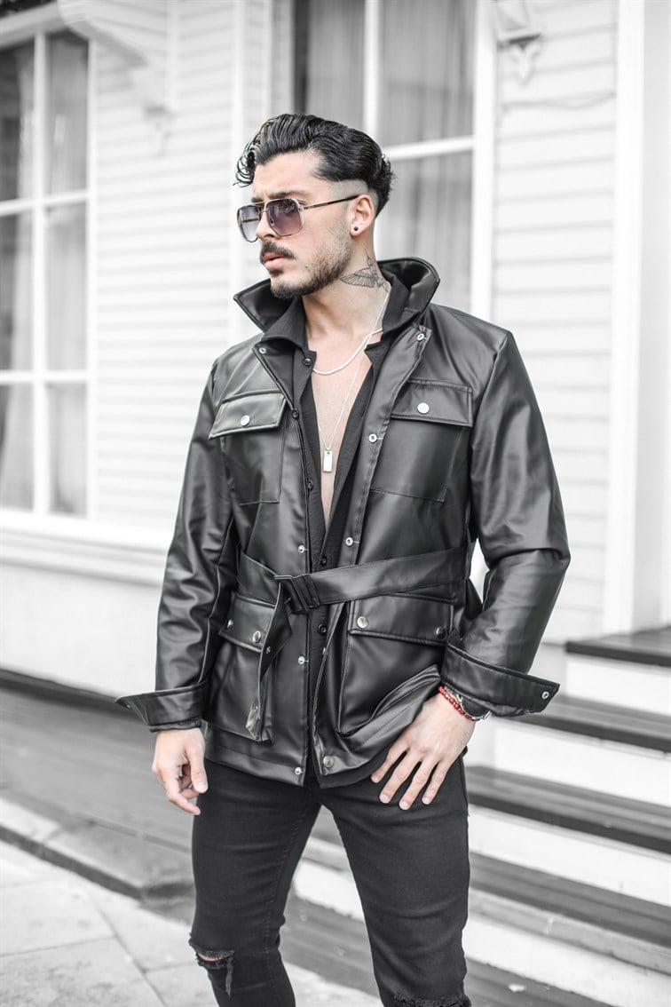Deri Oversize Kemerli Ceket