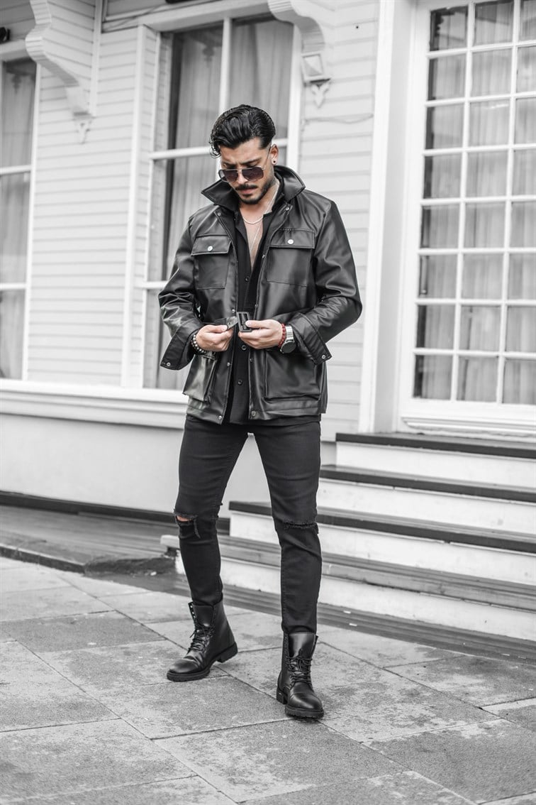 Deri Oversize Kemerli Ceket