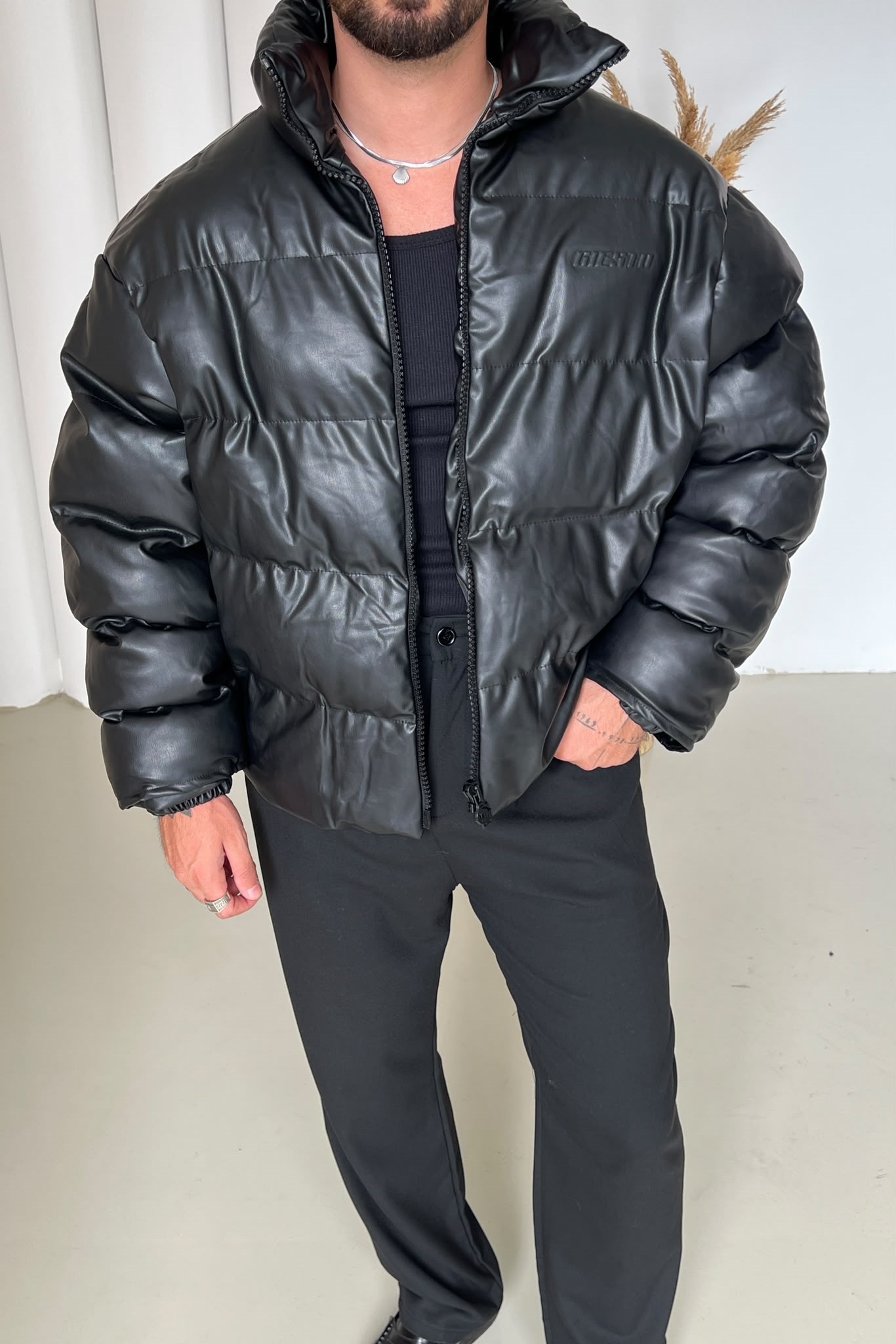 Deri Şişme Oversize Mont Siyah