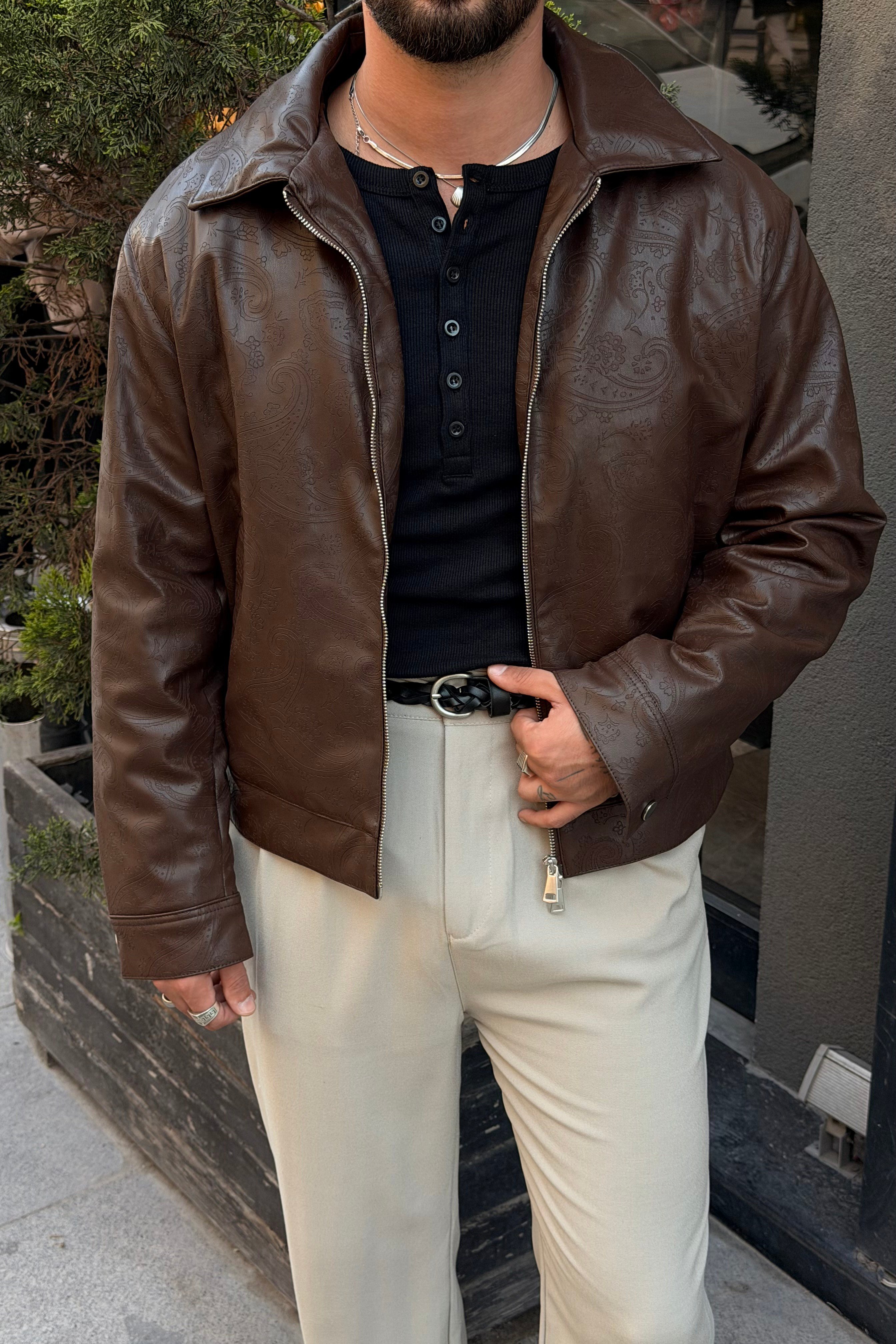 Desenli Box Fit Vintage Deri Ceket Kahve