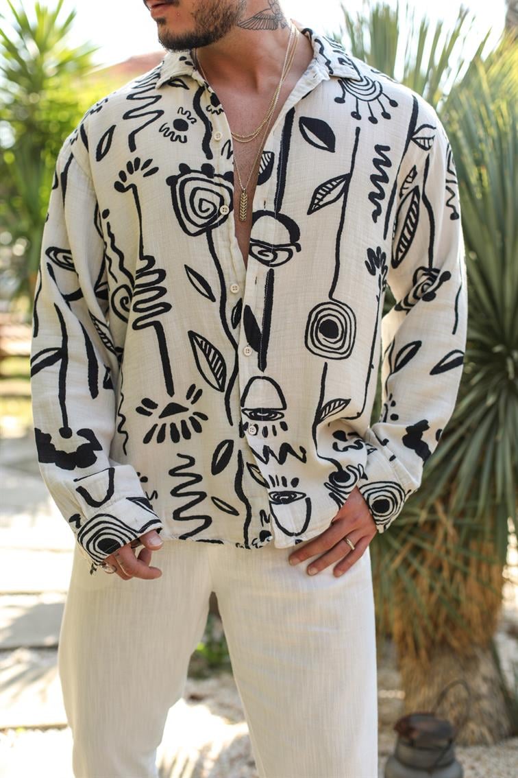 Desenli Müslin Oversize Gömlek Krem