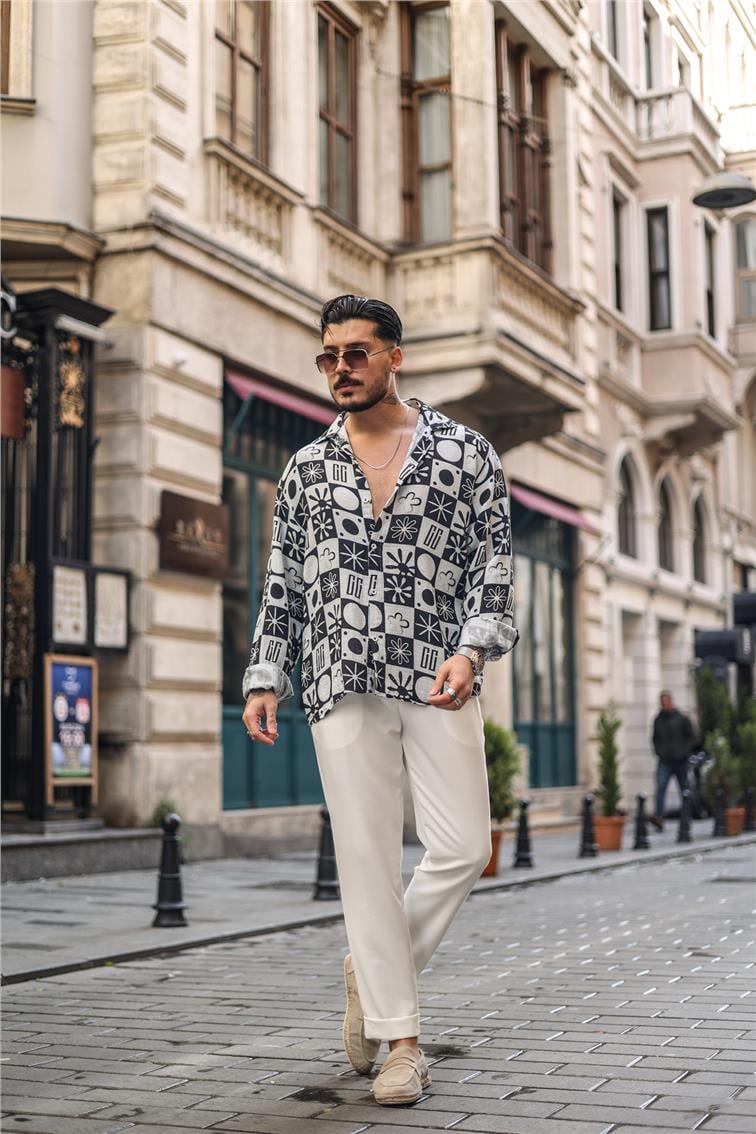 Desenli Müslin Oversize Gömlek Siyah