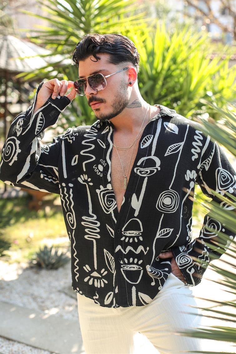 Desenli Müslin Oversize Gömlek Siyah