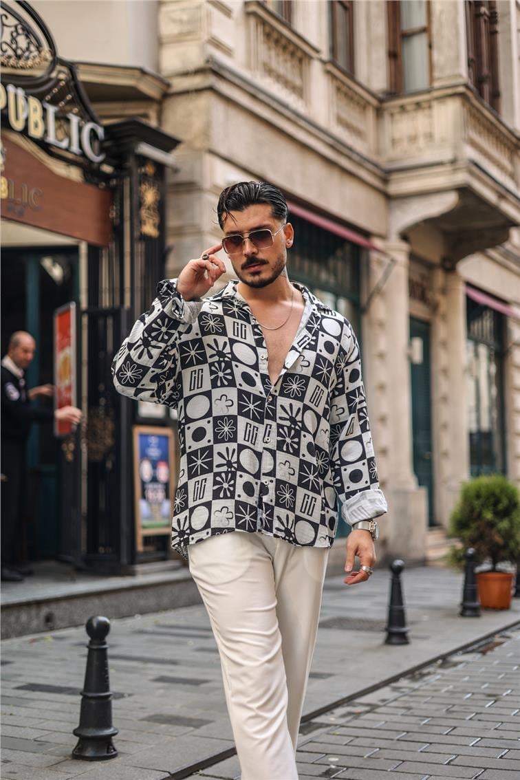 Desenli Müslin Oversize Gömlek Siyah