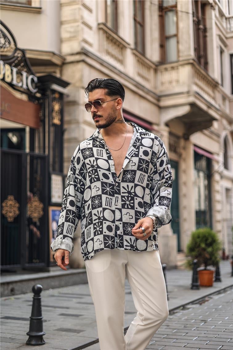 Desenli Müslin Oversize Gömlek Siyah