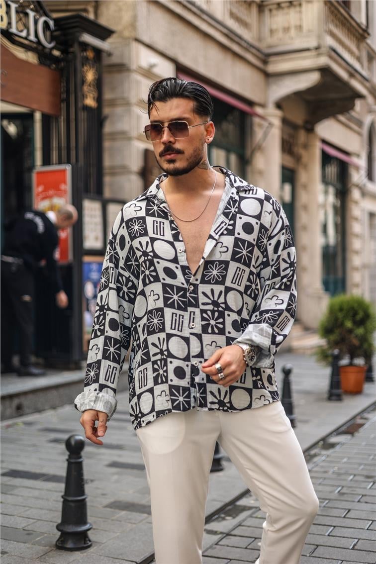 Desenli Müslin Oversize Gömlek Siyah