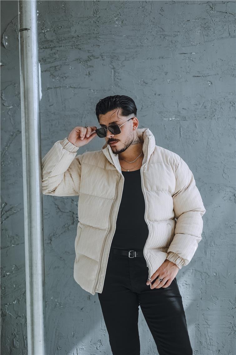 Desenli Oversize Şişme Mont Bej
