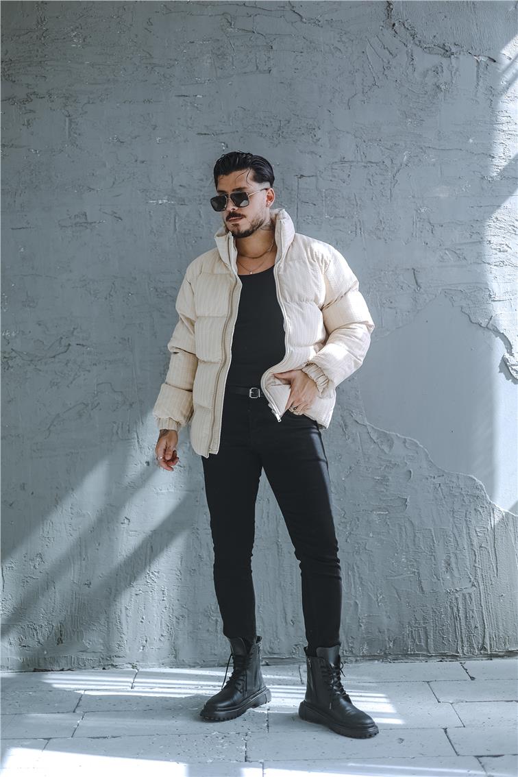 Desenli Oversize Şişme Mont Bej