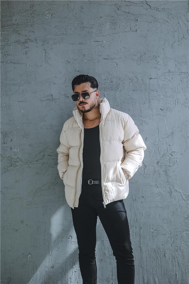 Desenli Oversize Şişme Mont Bej