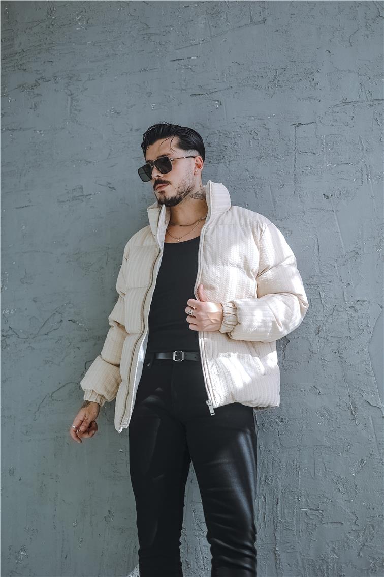 Desenli Oversize Şişme Mont Bej