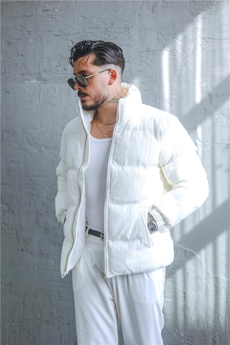 Desenli Oversize Şişme Mont Beyaz