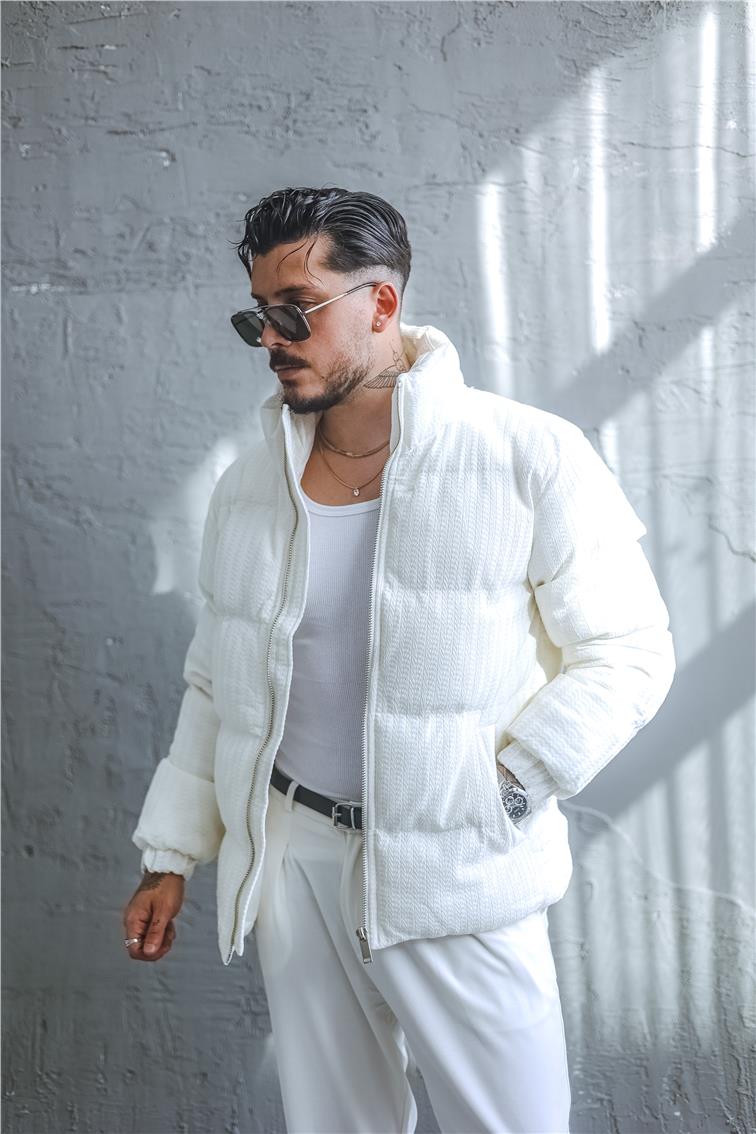 Desenli Oversize Şişme Mont Beyaz
