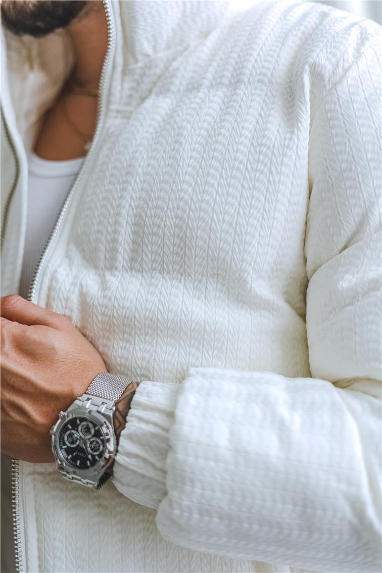 Desenli Oversize Şişme Mont Beyaz
