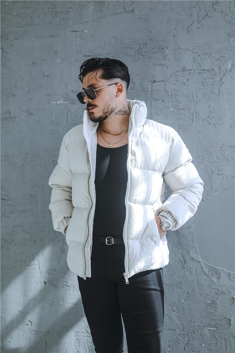 Desenli Oversize Şişme Mont Gri