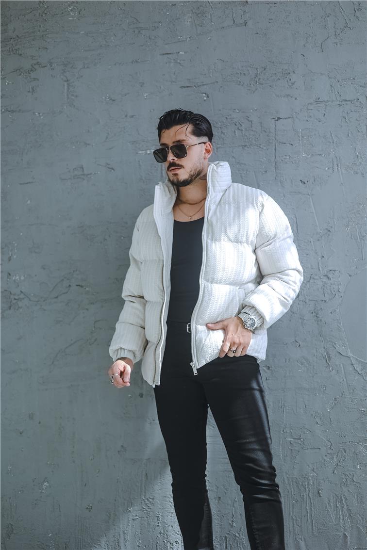 Desenli Oversize Şişme Mont Gri