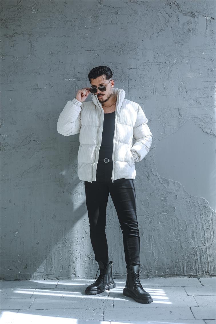 Desenli Oversize Şişme Mont Gri