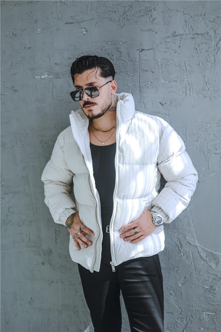 Desenli Oversize Şişme Mont Gri