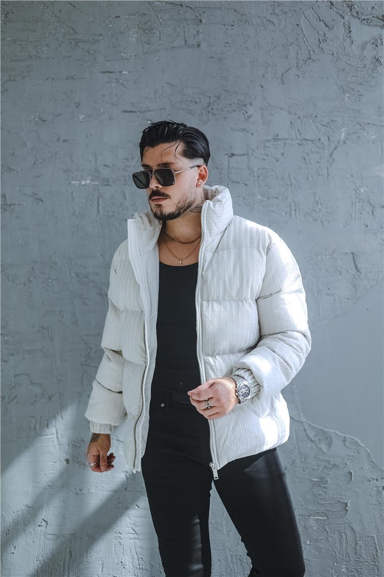 Desenli Oversize Şişme Mont Gri