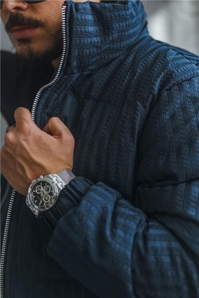 Desenli Oversize Şişme Mont İndigo