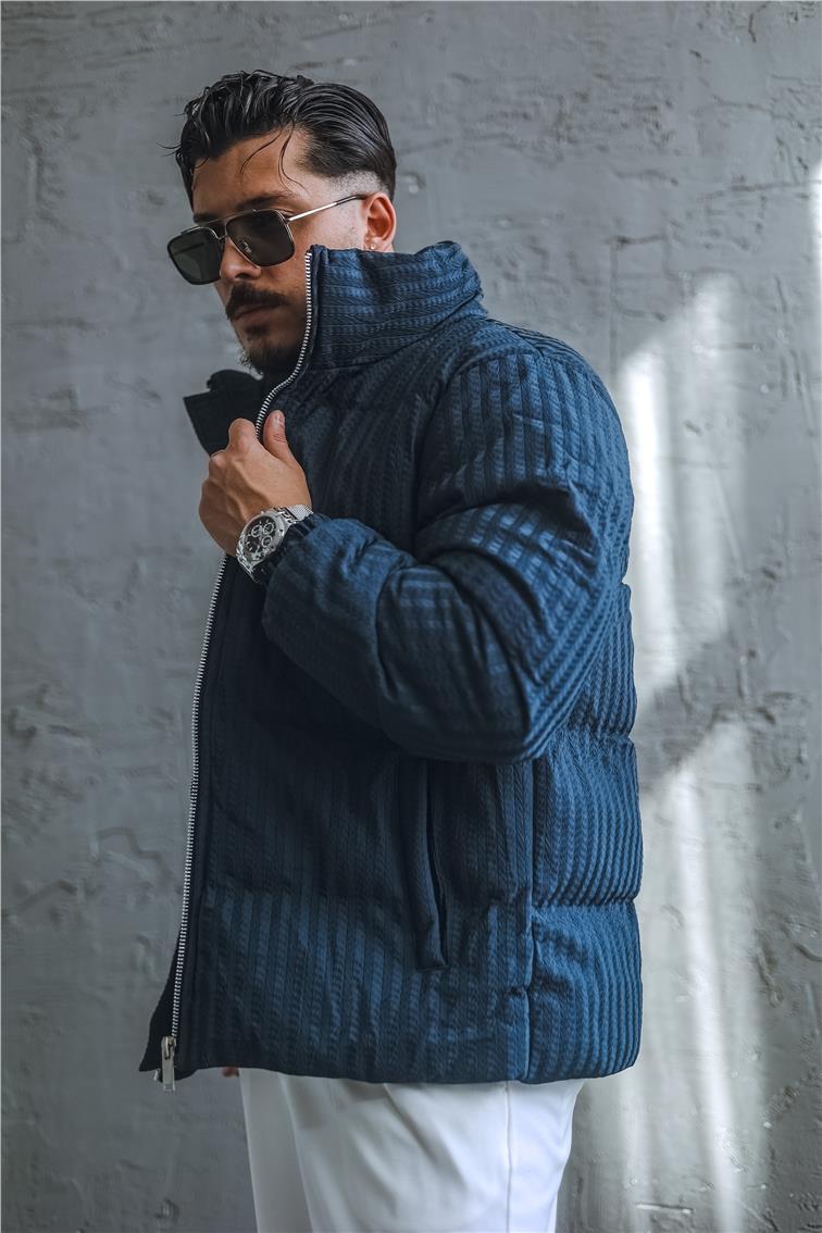 Desenli Oversize Şişme Mont İndigo