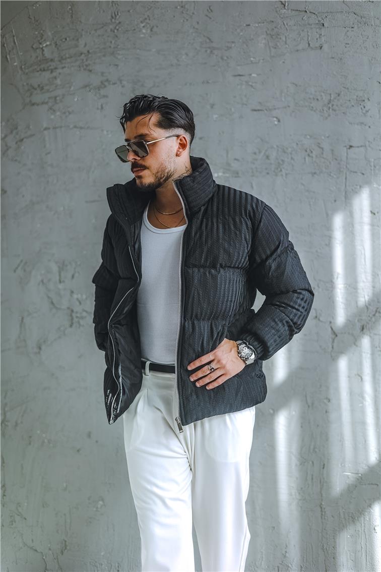 Desenli Oversize Şişme Mont Siyah