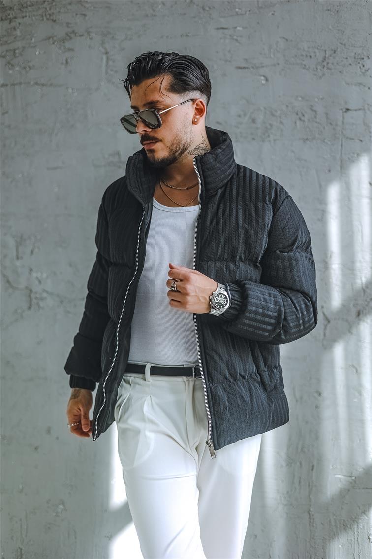 Desenli Oversize Şişme Mont Siyah