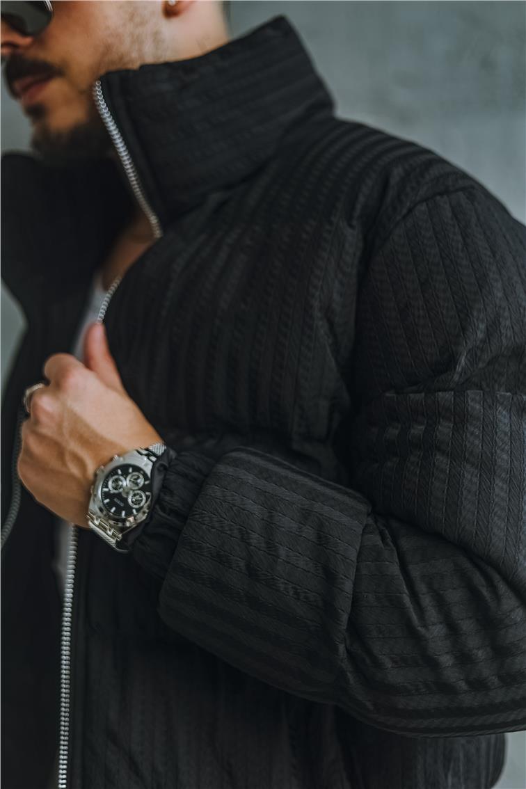 Desenli Oversize Şişme Mont Siyah