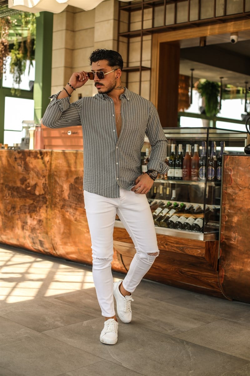 Dik Çizgili Yaka Düğmeli Slim Fit Kabartmalı Gömlek