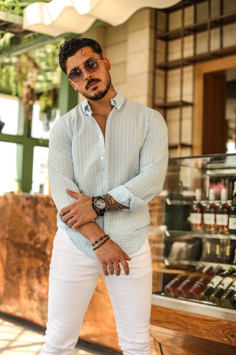 Dik Çizgili Yaka Düğmeli Slim Fit Kabartmalı Gömlek