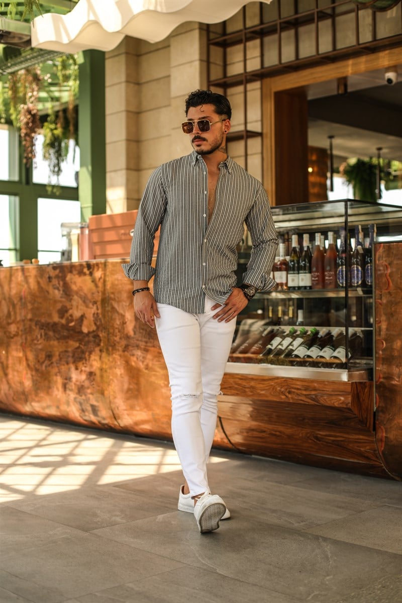 Dik Çizgili Yaka Düğmeli Slim Fit Kabartmalı Gömlek