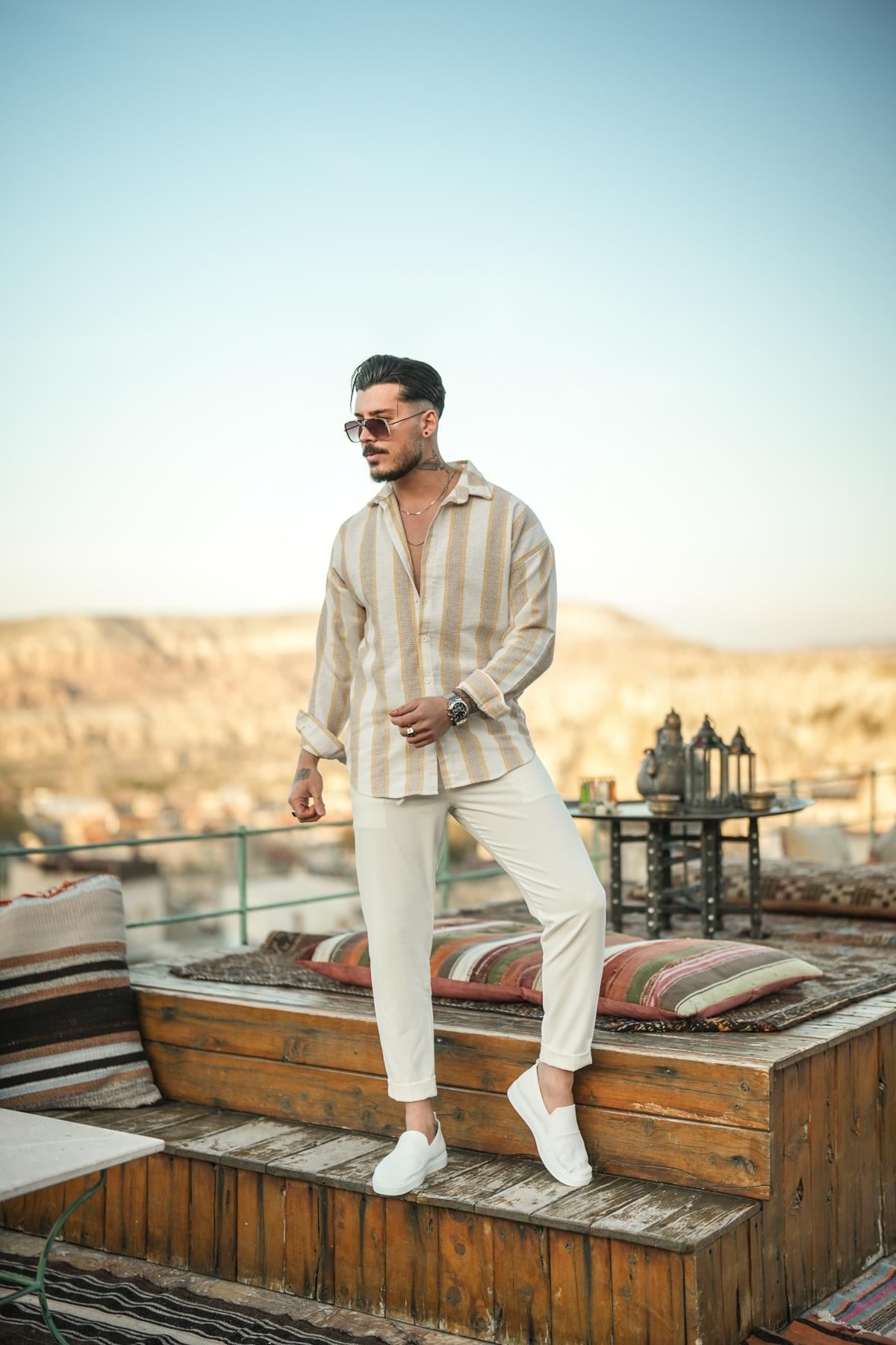 Dik Şeritli Çift Renk Örme Oversize Gömlek Sarı