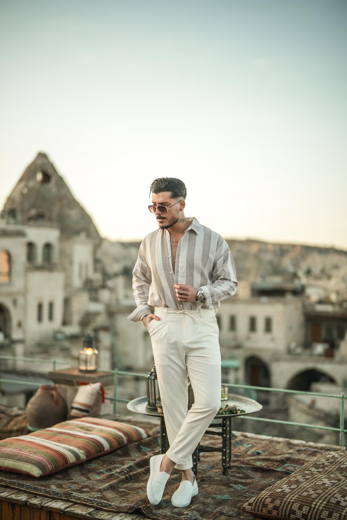 Dik Şeritli Çift Renk Örme Oversize Gömlek Gri