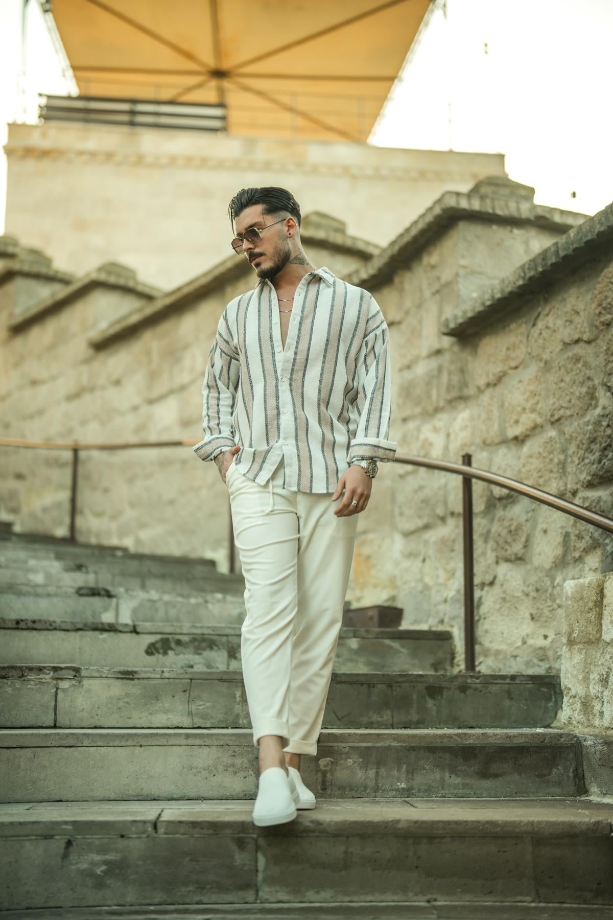 Dik Şeritli Çift Renk Örme Oversize Gömlek Siyah