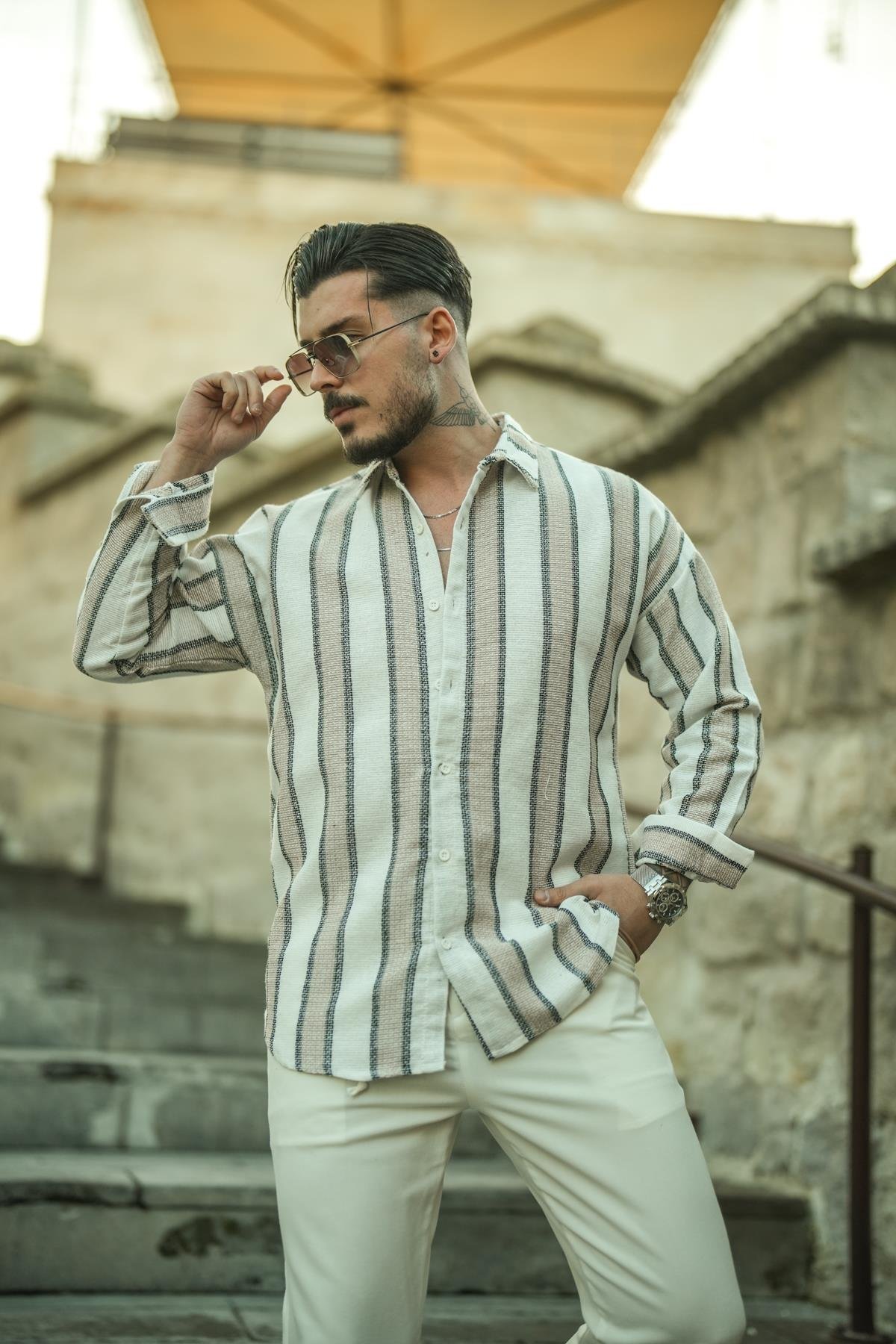 Dik Şeritli Çift Renk Örme Oversize Gömlek Siyah