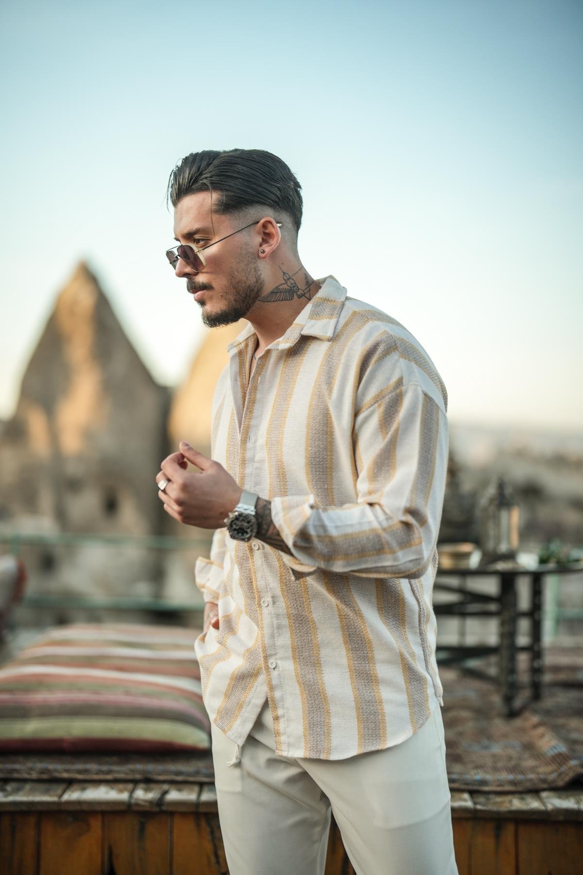 Dik Şeritli Çift Renk Örme Oversize Gömlek Sarı