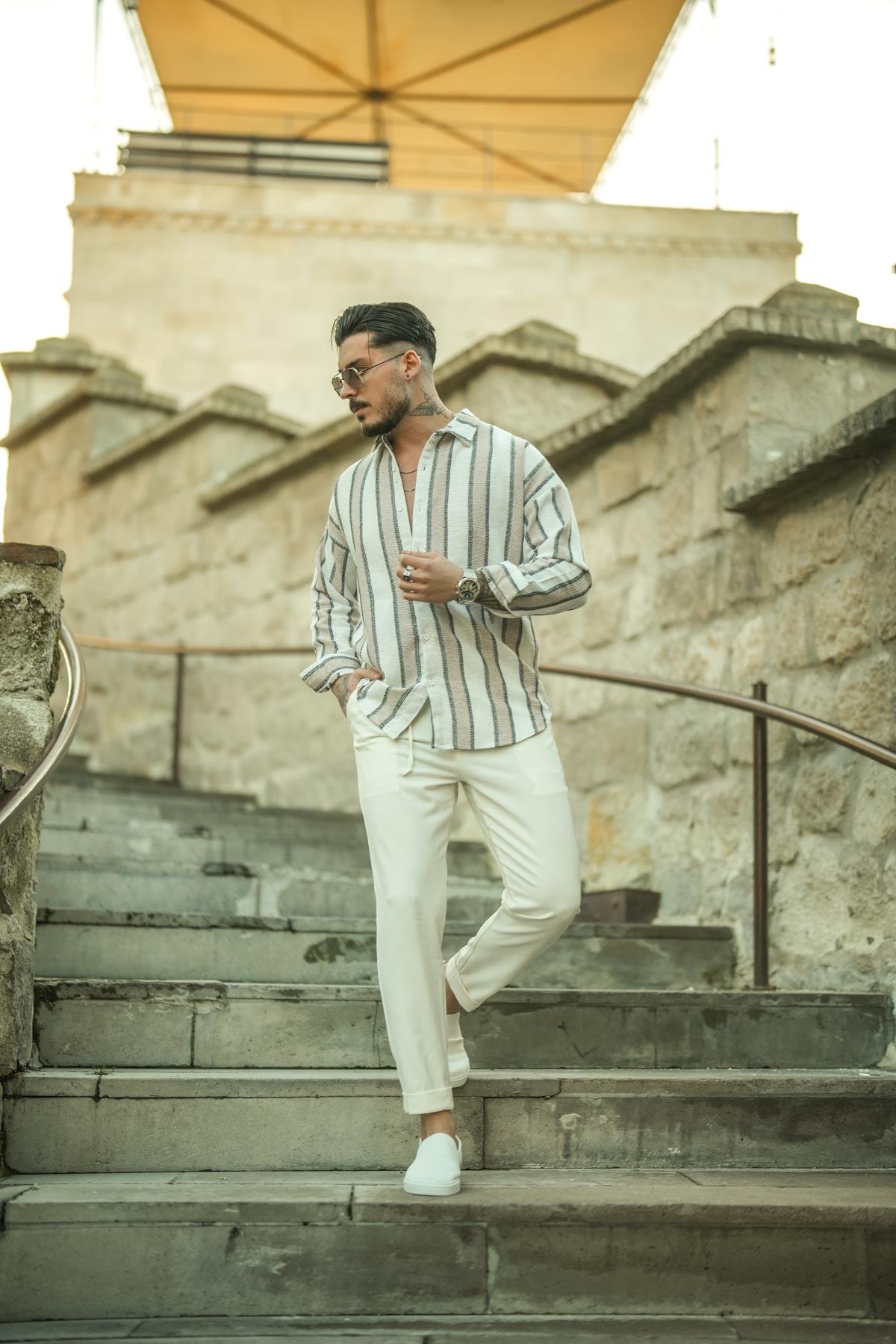 Dik Şeritli Çift Renk Örme Oversize Gömlek Siyah