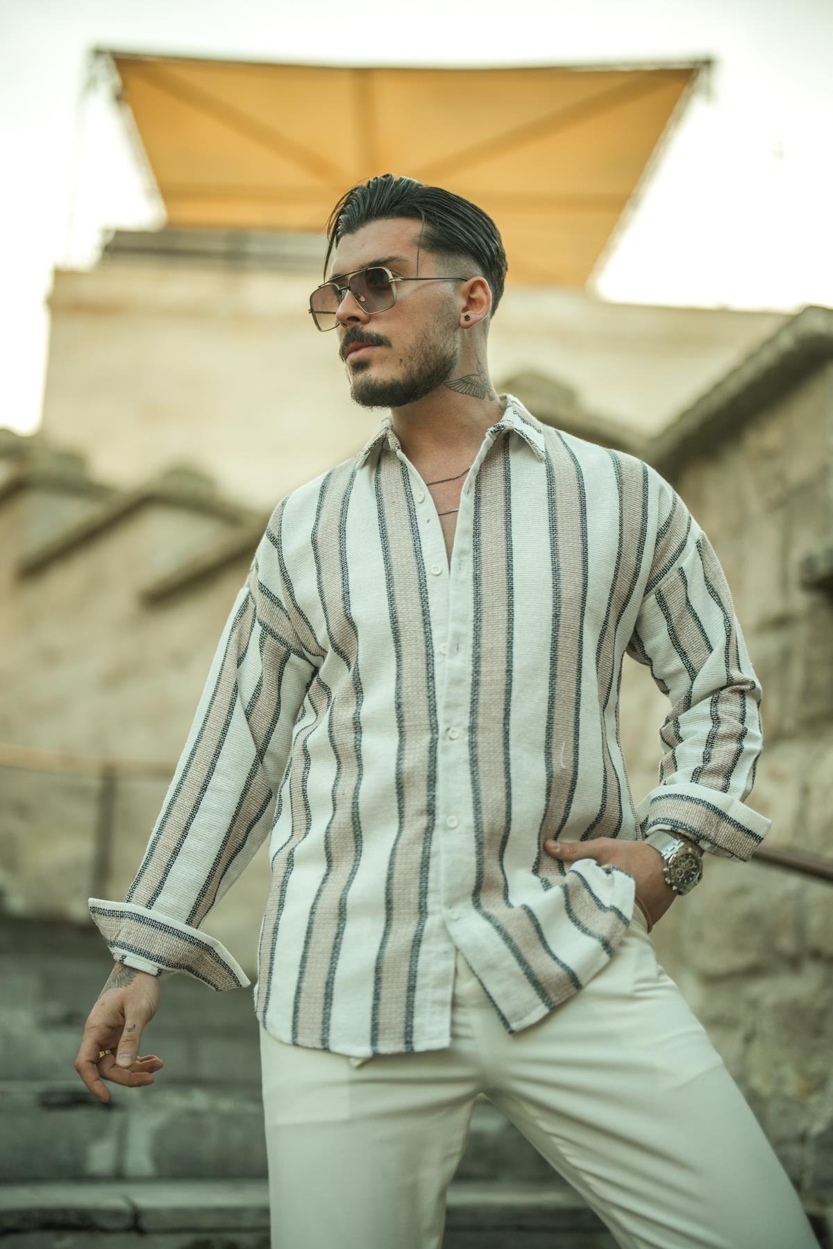 Dik Şeritli Çift Renk Örme Oversize Gömlek Siyah